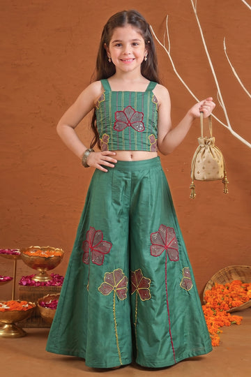 Girls Olive Silk Blend Embroidered Crop Top and Palazzo Ethnic Outfit Set