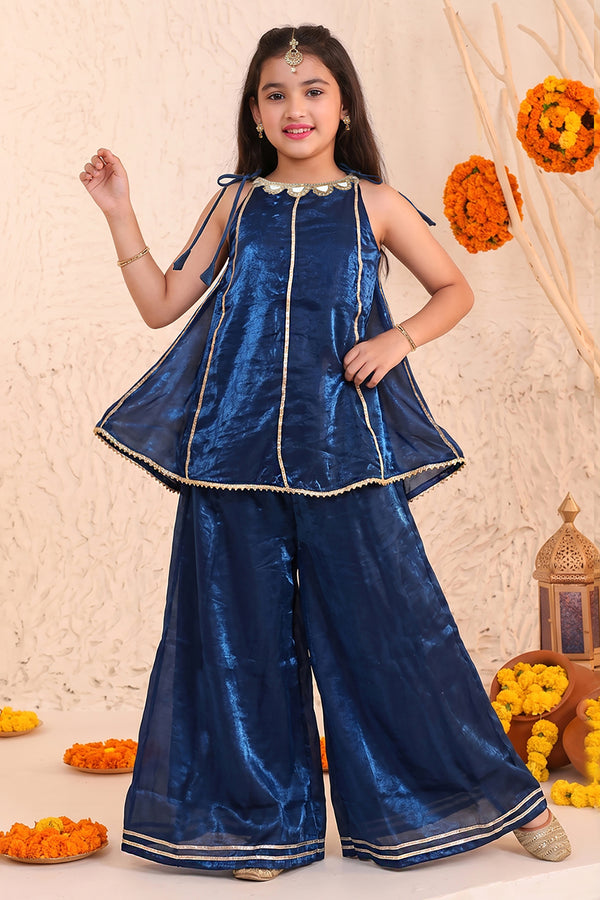 Girls Dark Blue Embroidered Top and Palazzo With Dupatta Set Ethnic outfit for girls