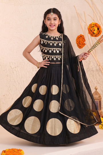 Girls Black Silk Blend Embellished Lehenga and Choli With Dupatta For Festive Wear