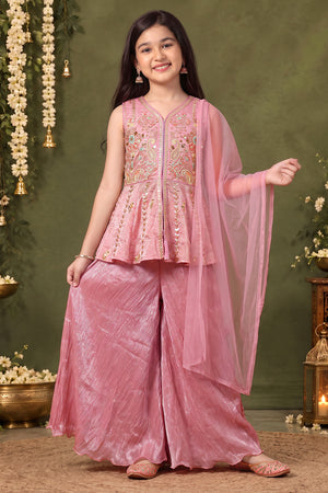 Girls Lavender Silk Blend Ethnic Wear Palazzo Set with Sequin Bead Embroidery Work - Peplum Kurta, Flared Palazzo & Dupatta