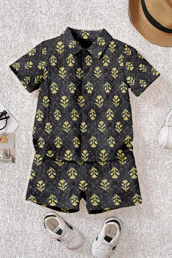 Boys Black Cotton Blend Printed Shirt With Short Pant Set