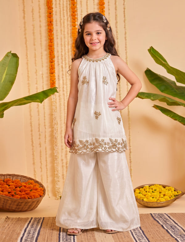 Girls White Silk Blend Bead Embroidered Work Top and Palazzo For Festive Outfit
