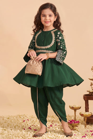 Girls Bottle Green Roman Silk kurta Dhoti Pant Set Ethnic Wear
