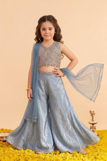 Baby Blue Silk Blend Embroidered Scalloped Hem Top and Flared Palazzo with Dupatta Set