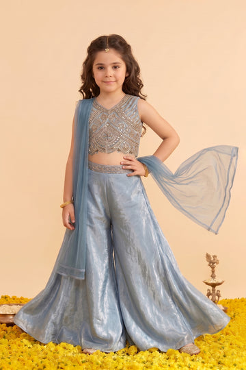 Girls Blue Silk Blend Embroidered Scalloped Hem Top and Flared Palazzo with Dupatta Set