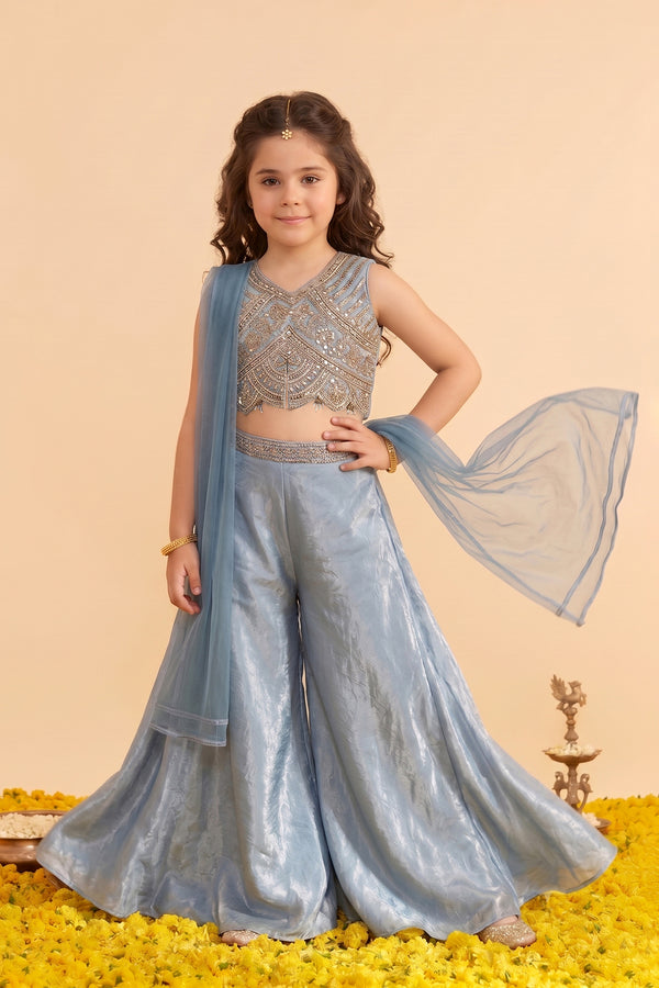 Girls Blue Silk Blend Embroidered Scalloped Hem Top and Flared Palazzo with Dupatta Set