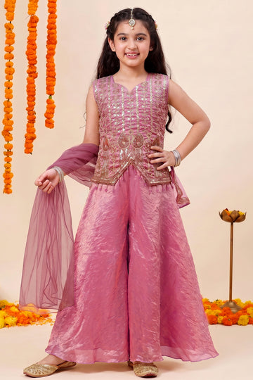 Girls Peach Silk Blend Bead Embroidery Top and Palazzo With Dupatta Ethnic Set