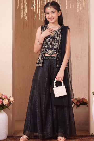 Girls Black Silk Blend Indo Western 3-Picec Palazzo Set With Cut Dana Sequin Work