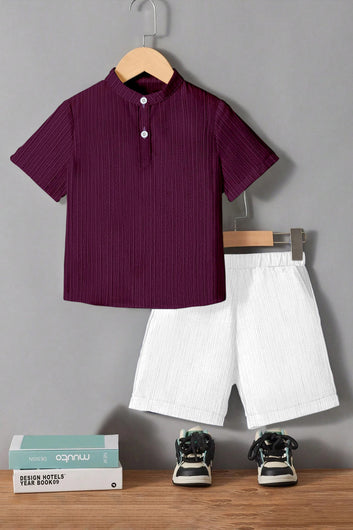 Boys Dark Purple Cotton Blend Solid Shirt With Short Pant Set