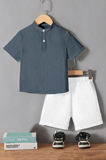 Boys Grey Cotton Blend Solid Shirt With Short Pant Set