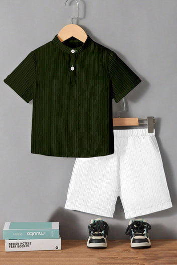 Boys Olive Cotton Blend Self Design Shirt With Trouser Set