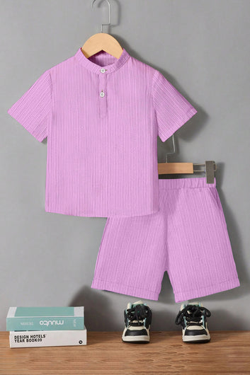 Boys Light Purple Cotton Blend Self Design Shirt With Short Pant Set