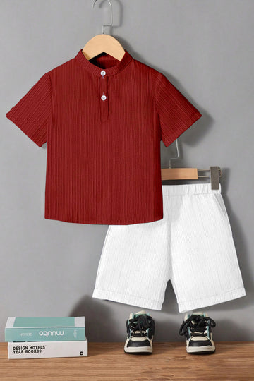 Boys Maroon Cotton Blend Solid Shirt With Short Pant Set