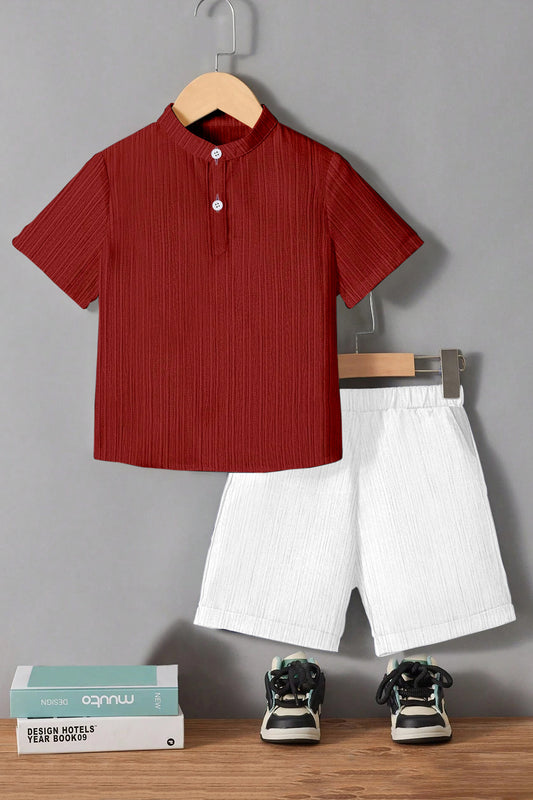 Boys Maroon Cotton Blend Solid Shirt With Short Pant Set