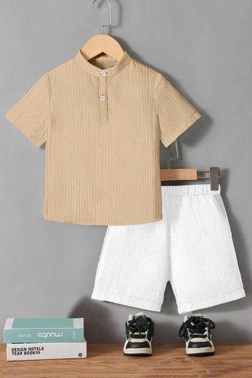 Boys Beige Cotton Blend Self Design Shirt With Trouser Set