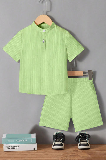 Boys Pista Cotton Blend Self Design Shirt With Short Pant Set