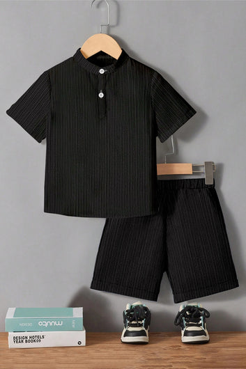 Boys Black Cotton Blend Self Design Shirt With Short Pant Set