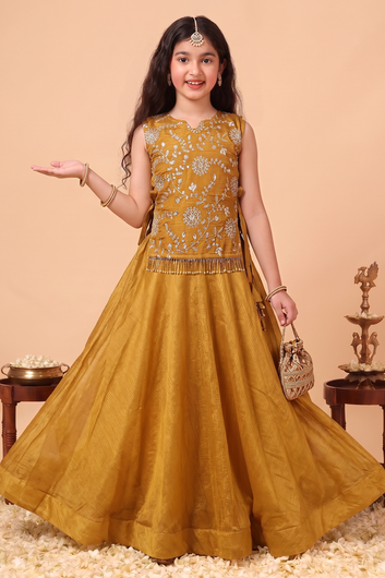 Girl's Brown Silk Blend Embroidered Sleeveless Top Style Choli with Side Knot and Flared Lehenga For Traditional Look