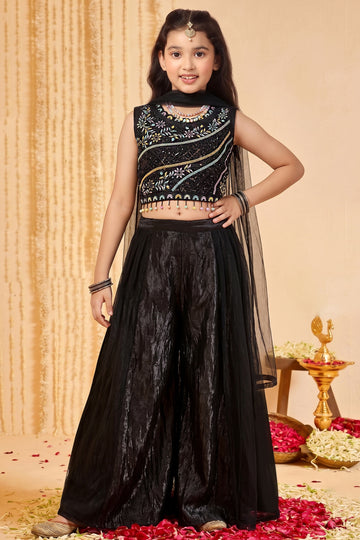 Girls Black Silk Blend Party Wear Sequin Embroidered 3 Picec Palazzo Set - Crop Top, Flared Palazzo & Dupatta