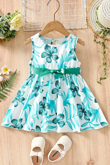 Girls Green Cottton Blend Floral Printed Fit And Flare Knee Length Dress