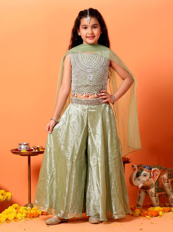 Girls Light Green Silk Blend Bead Embroidered Top, Flared Palazzo With Dupatta Set
