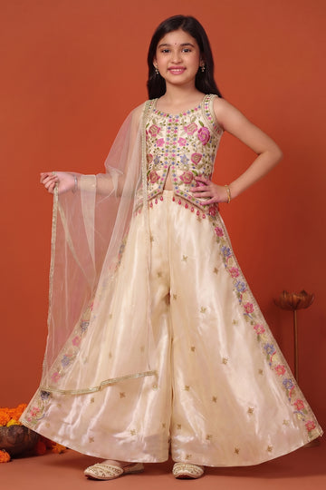 Girls Chikoo Viscose Blend Embroidered Top and Palazzo with Dupatta Ethnic Set