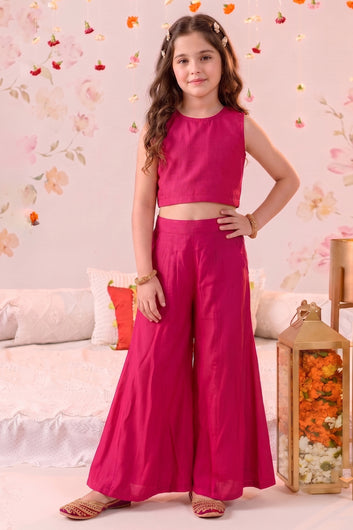Girls Pink Silk Blend Floral Embroidered Crop Top Inner and Jacket with Palazzo For Ethnic Look