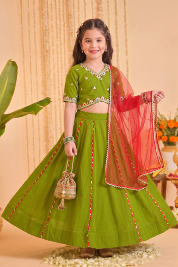 Girls Mehndi Roman Silk Embroidered Lehenga Choli With Dupatta Set Traditional 3-Piece Festive Outfit for Kids