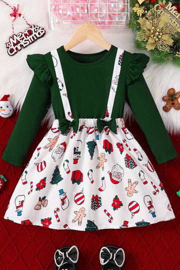 Girls Green Cottton Blend Christmas Printed Fit And Flare Knee Length Dress