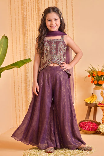 Baby Lavender Silk Blend Bead Embroidery Work High Low Style Kurta and Palazzo and Net Dupatta Girls Ethnic Wear