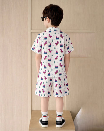 Boys White Cotton Blend Animal Motifs Printed Shirts and Shorts Set For Summer Trend