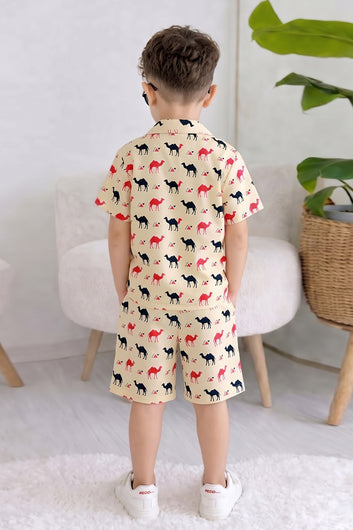 Boys Beige Cotton Blend Animal Motifs Printed Shirt and Shorts For Boys Clothing Set