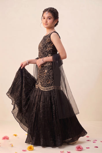 Girls Black Silk Blend Bead Embroidery Lehenga Choli With Dupatta Ethnic Set