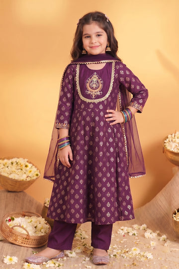 Girls Purple Silk Blend Kurta and Pant With Net Dupatta Set For Festive Look