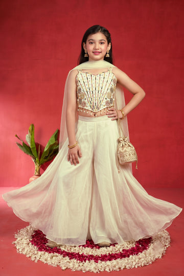 Girls Off White Silk Blend Bead Work Embroidered Crop Top And Palazzo with Inner Top & Dupatta Set For Traditional Look