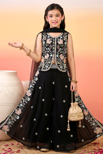 Girls Black Silk Blend Floral Sequin Embroidered Crop Top and Palazzo With Dupatta Set For Ethnic Look