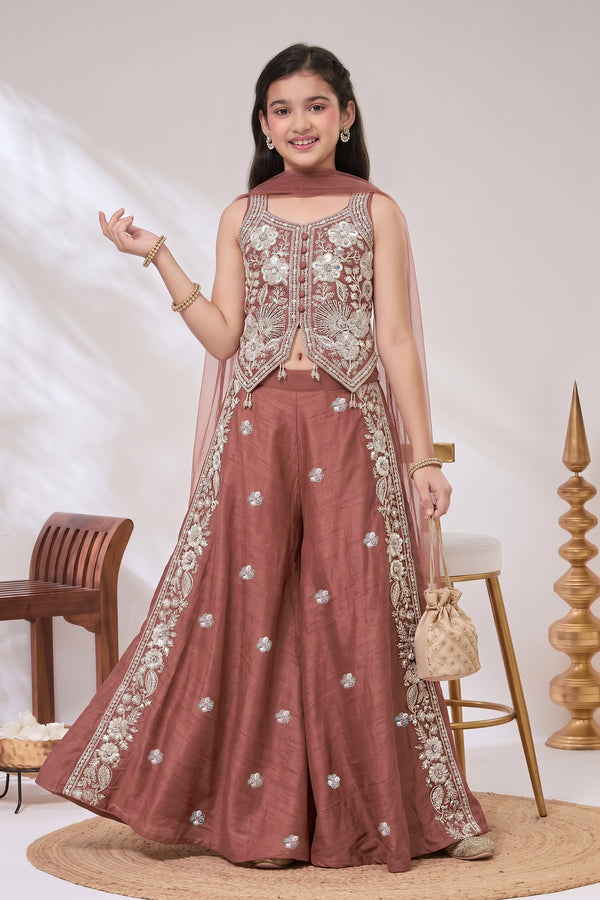 Girls Rust Silk Blend Sequin Bead Work Crop Top and Palazzo With Dupatta Set For Festive Wear