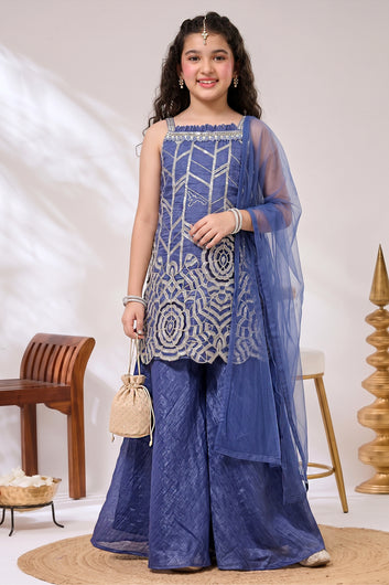 Girls Navy Blue Silk Blend Sequin Cut Work Embroidered Kurta, Flared Palazzo And Top Inner With Dupatta Set For Festival Outfit