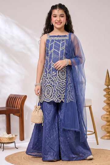 Girls Navy Blue Silk Blend Sequin Cut Work Embroidered Kurta, Flared Palazzo And Top Inner With Dupatta Set For Festival Outfit
