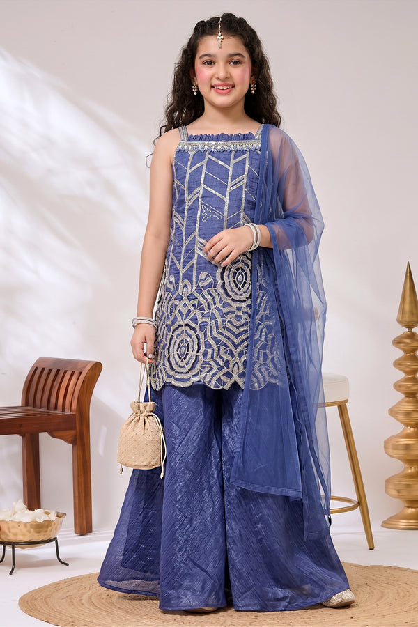 Girls Navy Blue Silk Blend Sequin Cut Work Embroidered Kurta, Flared Palazzo And Top Inner With Dupatta Set For Festival Outfit