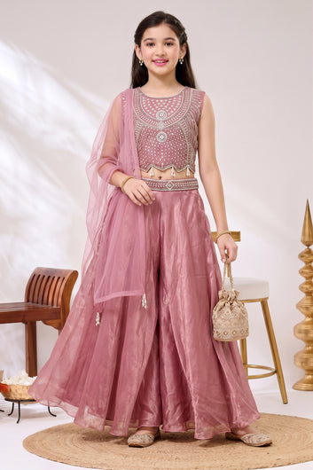 Girls Light Pink Silk Blend Sequin Bead Work Crop Top and Palazzo With Dupatta Set For Stylish Look