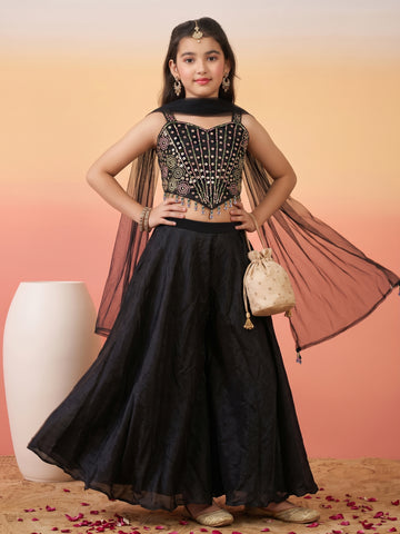 Girls Black Silk Blend Sequin Bead Work Embroidered Crop Top and Palazzo With Inner Top & Dupatta Set For Festive Wear