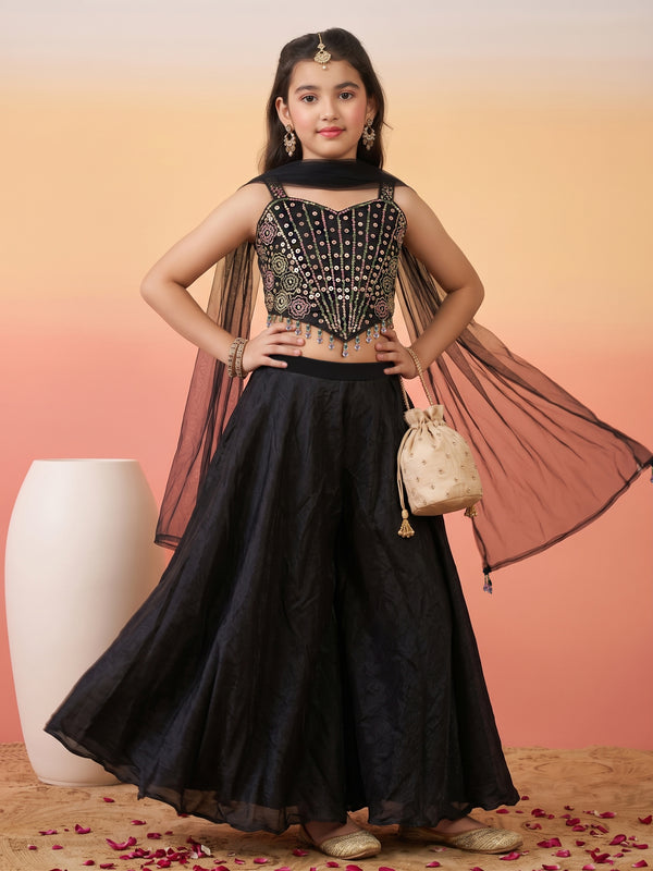 Girls Black Silk Blend Sequin Bead Work Embroidered Crop Top and Palazzo With Inner Top & Dupatta Set For Festive Wear