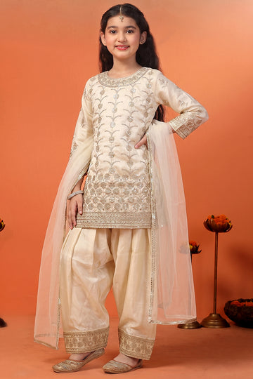 Girls Chikoo Silk Blend Embroidered Kurta Salwar with Dupatta Traditional Outfit