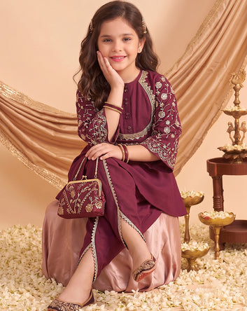 Girls Dark Purple Silk Blend kurta and Dhoti Pant Ethnic Wear