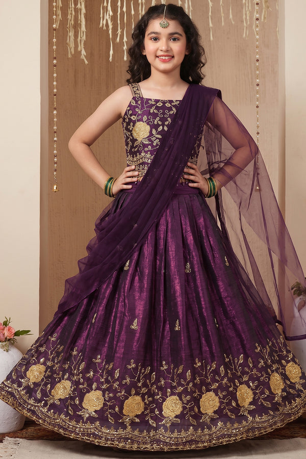 Girls Purple Silk Blend Embroidered Lehenga and Choli with Net Dupatta Kids Festive Wear