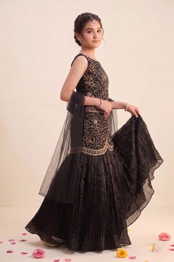 Girls Black Silk Blend Bead Embroidery Lehenga Choli With Dupatta Ethnic Set