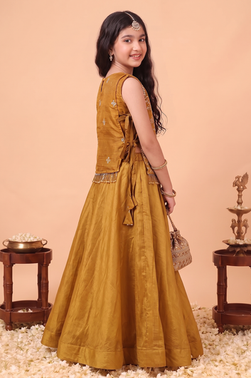 Girl's Brown Silk Blend Embroidered Sleeveless Top Style Choli with Side Knot and Flared Lehenga For Traditional Look