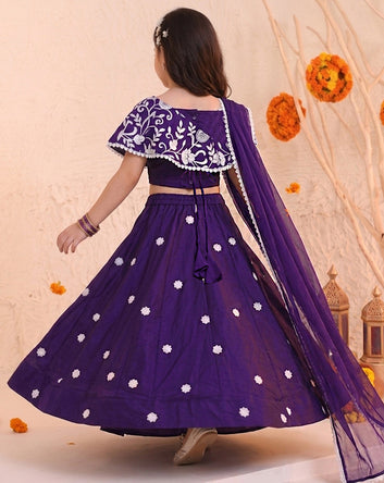 Girls Voilet Silk Blend Floral Embroidered Lehenga and Choli With Dupatta Ethnic Set For Festive Look