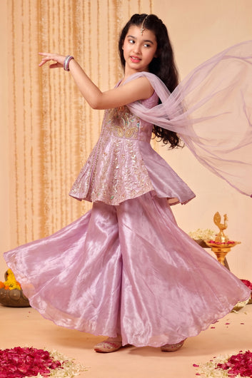 Girls Lavender Silk Blend Ethnic Wear Palazzo Set with Sequin Bead Embroidery Work - Peplum Kurta, Flared Palazzo & Dupatta